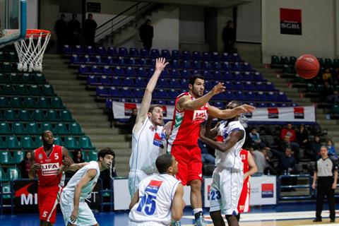 Hoops players challenge Antranik at Michel Murr Stadium in Beirut, Lebanon, Tuesday, Jan. 10, 2012. (The Daily Star/Mohammad Azakir)